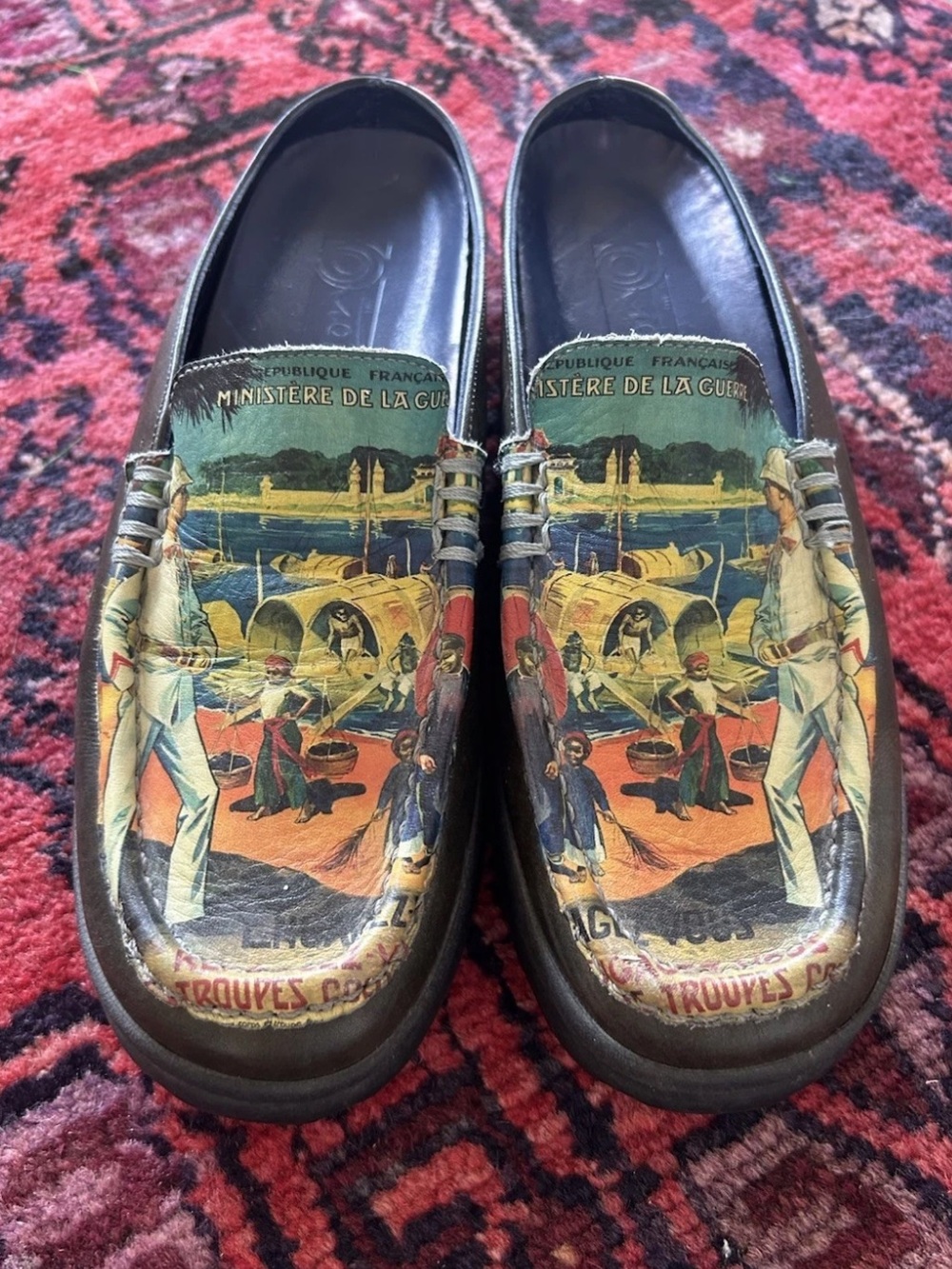Vintage ICON Wearable Art Leather Mules Clogs 7 USA French Military Print 90s
